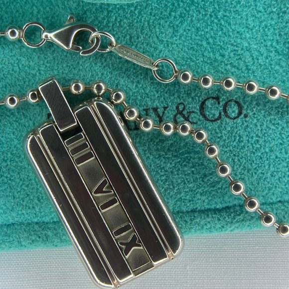Tiffany & Co. Atlas Bar Silver Ball Chain Pendant Necklace 20" - Picture 1 of 6
